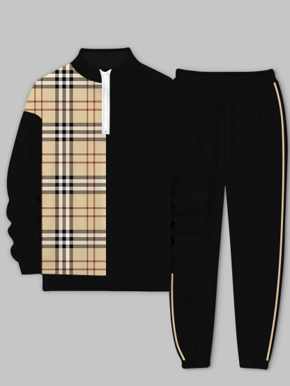 Men's fashion casual color match print long sleeve two piece set